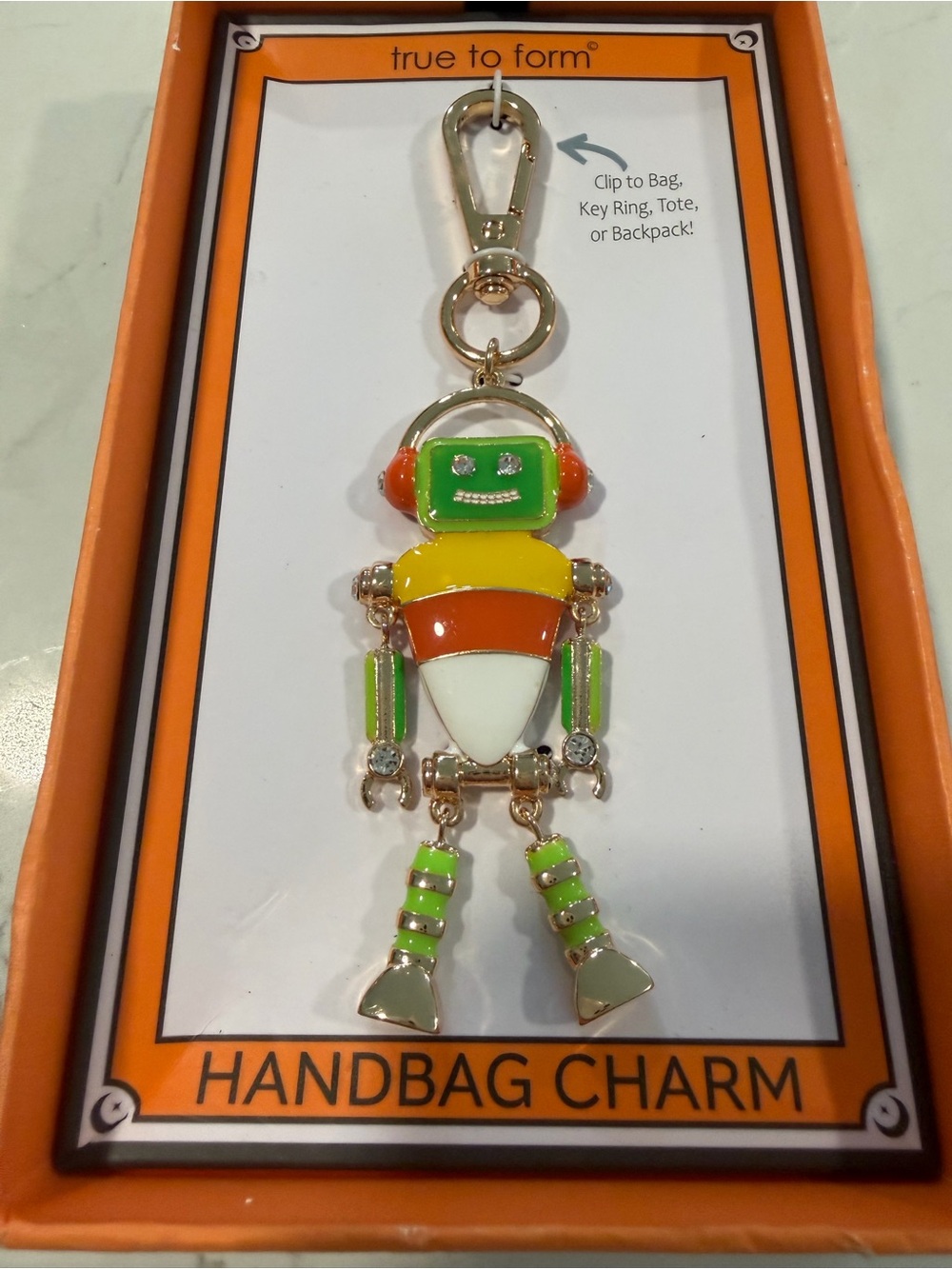 True to Form Green & Orange Robot Handbag Charm Key Clip